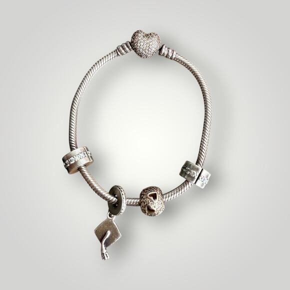 Pandora Moments Silver & Rose Gold Charm Bracelet -925 with Heart Clasp & Charms - Picture 1 of 11